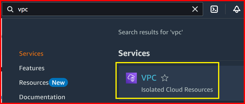 Picture showing the VPC service in the search result of the AWS console